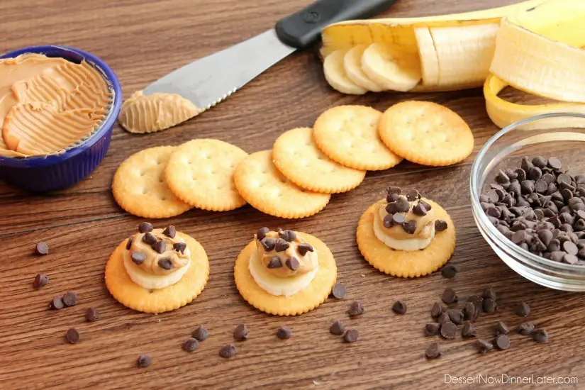 Chocolate Peanut Butter Banana RITZ® Bites - cracker + banana + peanut butter + chocolate chips