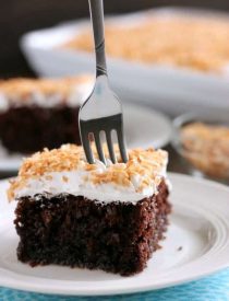 Coconut Cream Chocolate Poke Cake - an easy box cake makeover with cream of coconut, toasted coconut, and whipped cream!