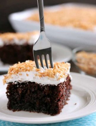 Coconut Cream Chocolate Poke Cake - an easy box cake makeover with cream of coconut, toasted coconut, and whipped cream!