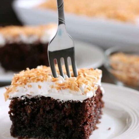 Coconut Cream Chocolate Poke Cake - an easy box cake makeover with cream of coconut, toasted coconut, and whipped cream!