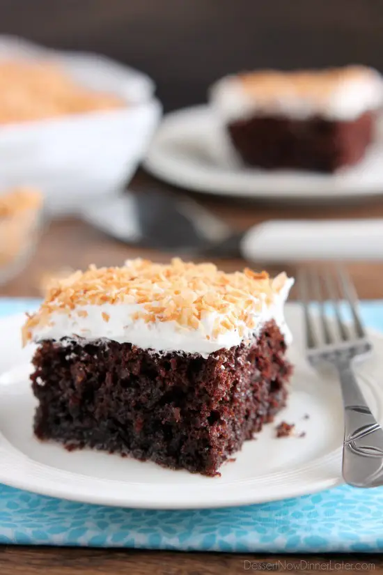 Coconut Cream Chocolate Poke Cake - an easy box cake makeover with cream of coconut, toasted coconut, and whipped cream!