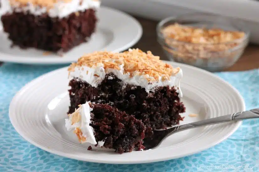 Coconut Cream Chocolate Poke Cake - an easy box cake makeover with cream of coconut, toasted coconut, and whipped cream!