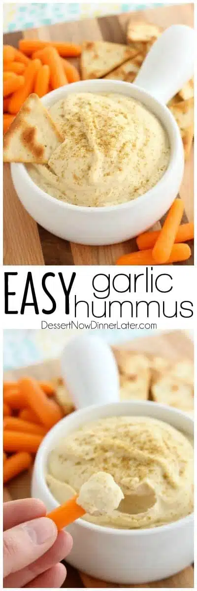 This Easy Garlic Hummus blends up in less than 1 minute for a smooth and creamy homemade hummus that goes perfectly with vegetables and crackers!