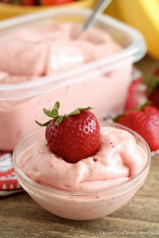With only 5 ingredients and 5 minutes or less in the food processor (or blender), you can have this healthy Instant Strawberry Banana Frozen Yogurt!