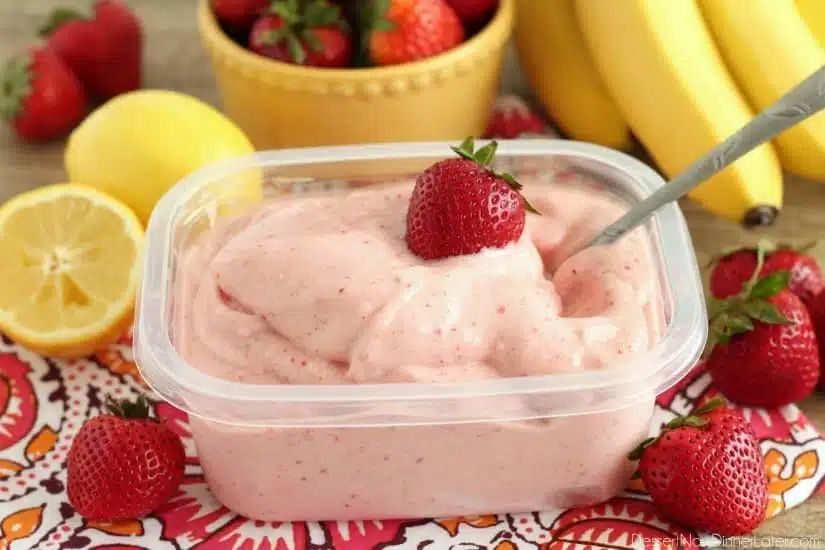 With only 5 ingredients and 5 minutes or less in the food processor (or blender), you can have this healthy Instant Strawberry Banana Frozen Yogurt!