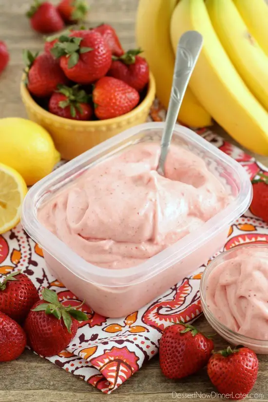 With only 5 ingredients and 5 minutes or less in the food processor (or blender), you can have this healthy Instant Strawberry Banana Frozen Yogurt!