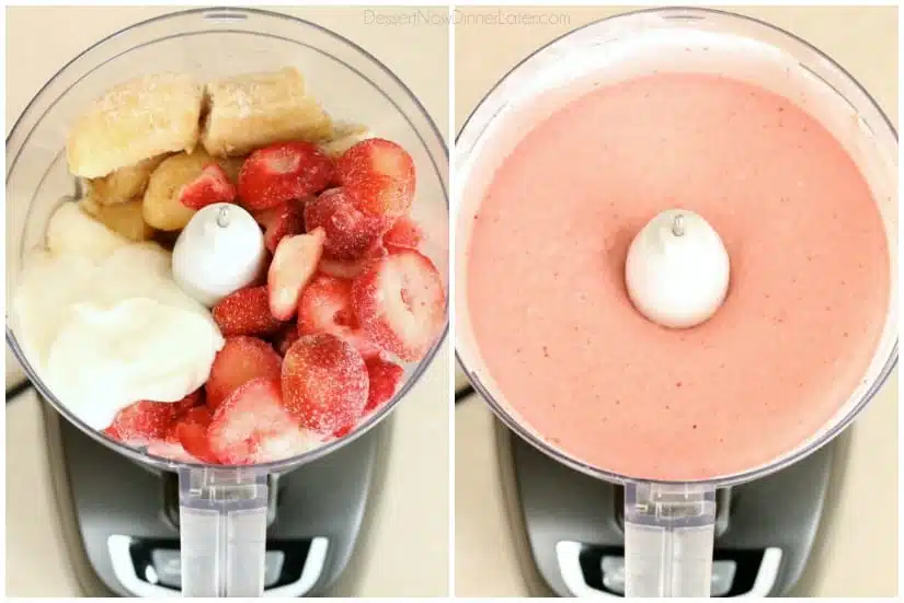 With only 5 ingredients and 5 minutes or less in the food processor (or blender), you can have this healthy Instant Strawberry Banana Frozen Yogurt!