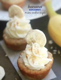 Banana Coconut Mini Cookie Cups - Tropical inspired coconut cookie cups filled with sliced bananas and topped with a swirled coconut buttercream frosting.