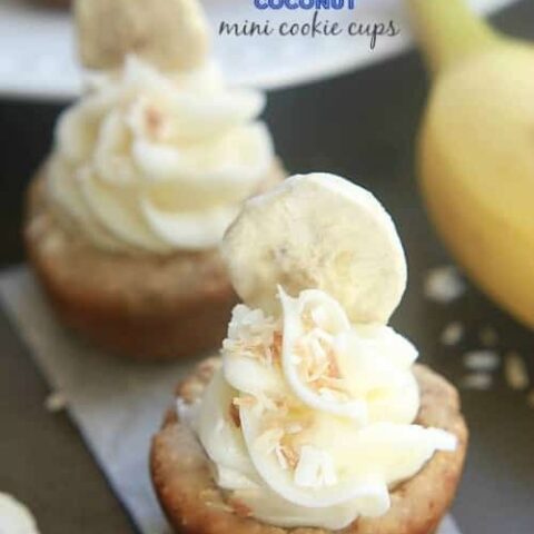 Banana Coconut Mini Cookie Cups - Tropical inspired coconut cookie cups filled with sliced bananas and topped with a swirled coconut buttercream frosting.