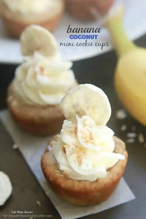 Banana Coconut Mini Cookie Cups - Tropical inspired coconut cookie cups filled with sliced bananas and topped with a swirled coconut buttercream frosting.