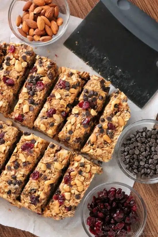 These Peanut Butter Chocolate Trail Mix Granola Bars are made with wholesome ingredients to create homemade granola bars you feel good about eating.