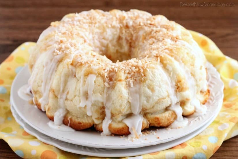 Pina Colada Monkey Bread - toasted coconut, crushed pineapple, and a secret ingredient combine together to make this sticky pull apart bread a tropical treat!