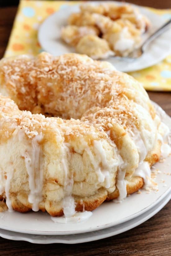 Pina Colada Monkey Bread - toasted coconut, crushed pineapple, and a secret ingredient combine together to make this sticky pull apart bread a tropical treat!