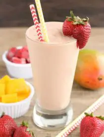 This Strawberry Mango Dairy Free Smoothie is creamy, lightly sweet, and perfect for breakfast!