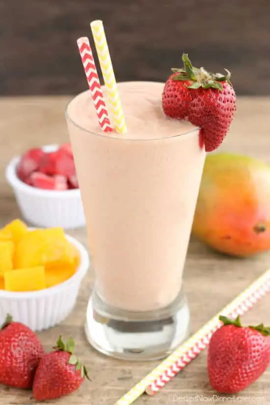 This Strawberry Mango Dairy Free Smoothie is creamy, lightly sweet, and perfect for breakfast!