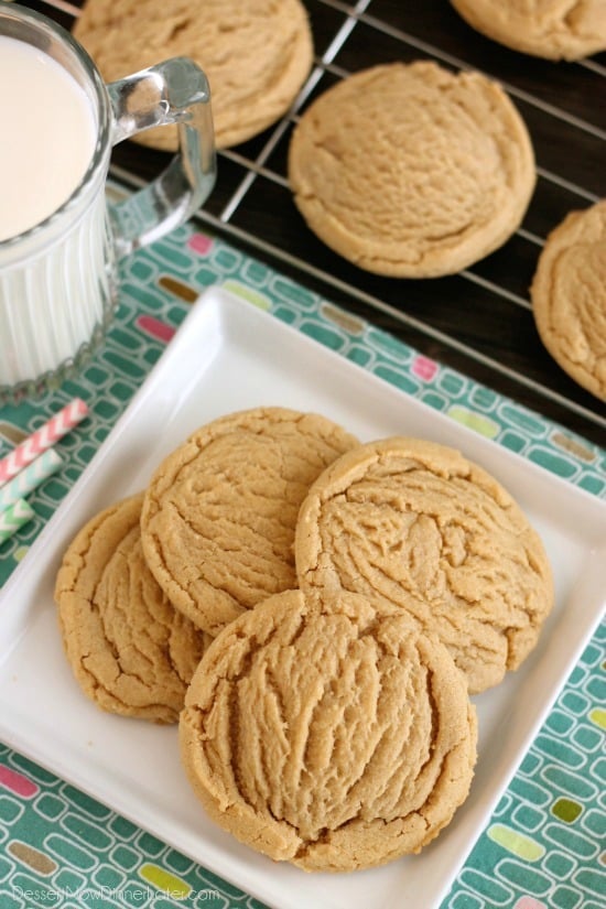 These Thick and Chewy Peanut Butter Cookies are slightly crisp on the outside, tender and soft on the inside, plus you just scoop and bake them! No rolling in sugar and pressing with a fork required!