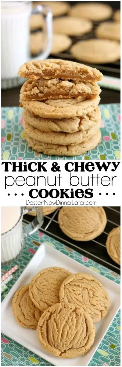 These Thick and Chewy Peanut Butter Cookies are slightly crisp on the outside, tender and soft on the inside, plus you just scoop and bake them! No rolling in sugar and pressing with a fork required!