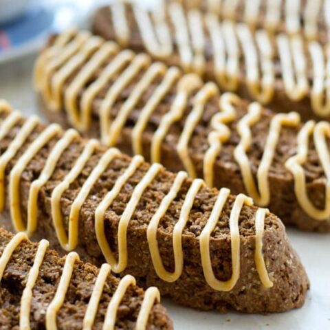 Chocolate Biscotti with Peanut Butter Cream Cheese Glaze