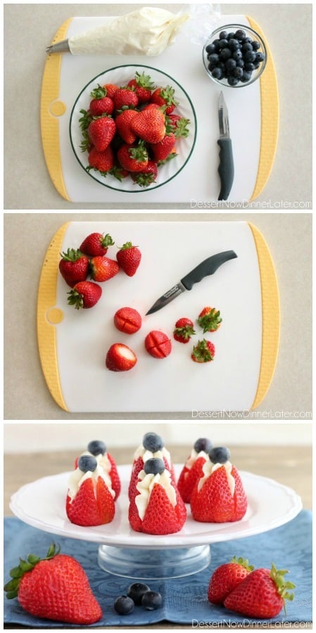 Try these easy red, white, and blue Cheesecake Stuffed Strawberries for a healthier patriotic dessert!