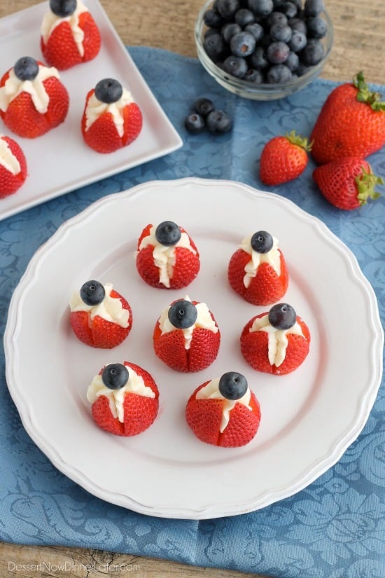 Try these easy red, white, and blue Cheesecake Stuffed Strawberries for a healthier patriotic dessert!