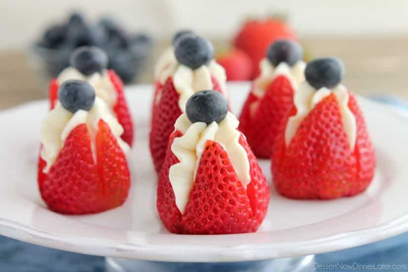 Try these easy red, white, and blue Cheesecake Stuffed Strawberries for a healthier patriotic dessert!