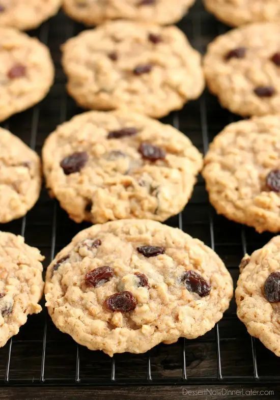 These classic Chewy Oatmeal Raisin Cookies are bursting with vanilla and cinnamon, full of plump raisins and hearty rolled oats, and are perfectly soft and chewy to eat!