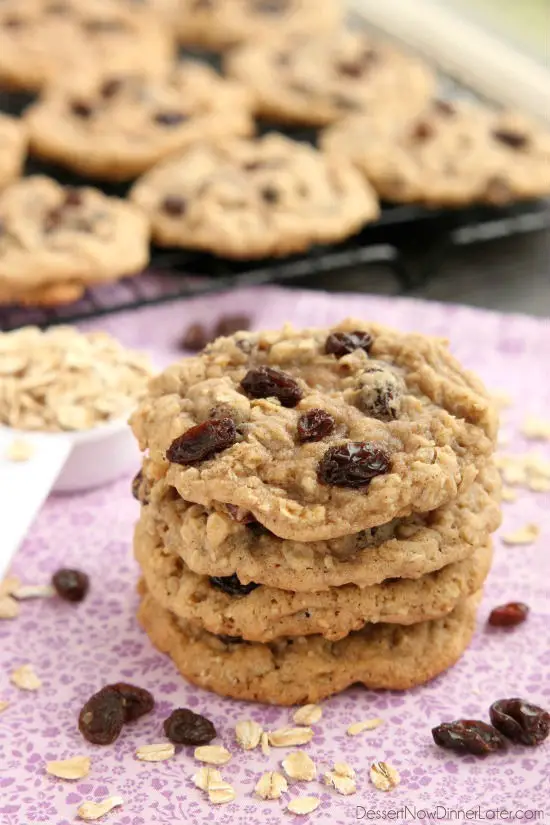 These classic Chewy Oatmeal Raisin Cookies are bursting with vanilla and cinnamon, full of plump raisins and hearty rolled oats, and are perfectly soft and chewy to eat!