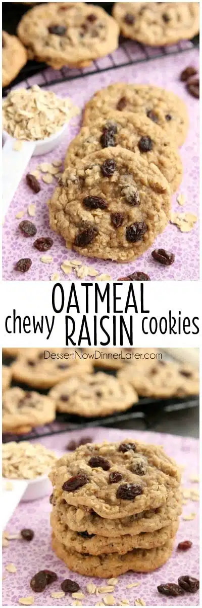 These classic Chewy Oatmeal Raisin Cookies are bursting with vanilla and cinnamon, full of plump raisins and hearty rolled oats, and are perfectly soft and chewy to eat!