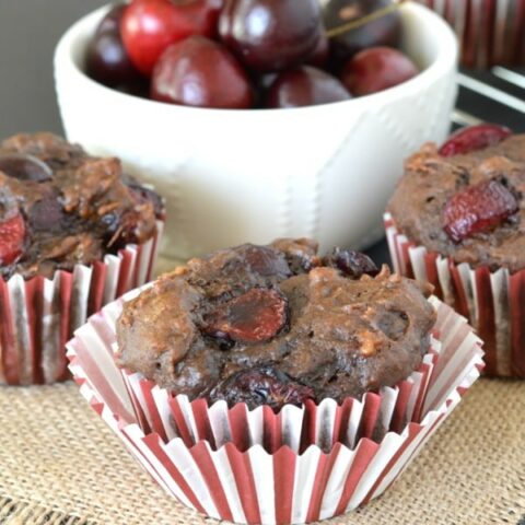 These Chocolate Cherry Banana Bread Muffins are loaded with fresh, plump cherries. They're a perfect way to use up your extra bananas while fresh cherries are in season!