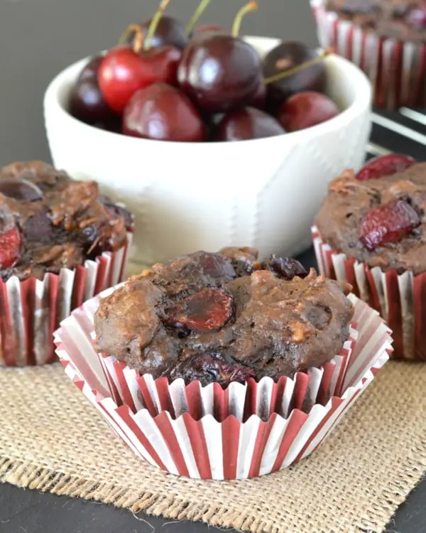 These Chocolate Cherry Banana Bread Muffins are loaded with fresh, plump cherries. They're a perfect way to use up your extra bananas while fresh cherries are in season!