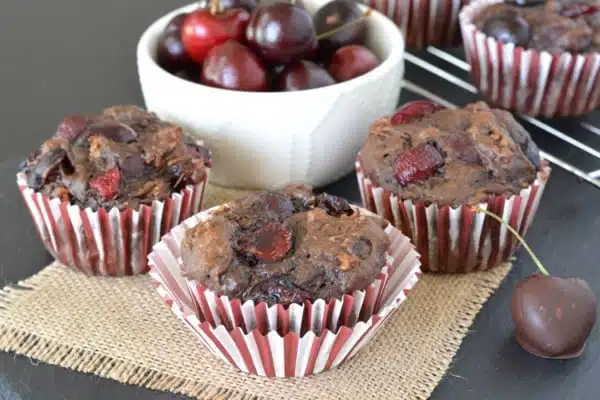 These Chocolate Cherry Banana Bread Muffins are loaded with fresh, plump cherries. They're a perfect way to use up your extra bananas while fresh cherries are in season!