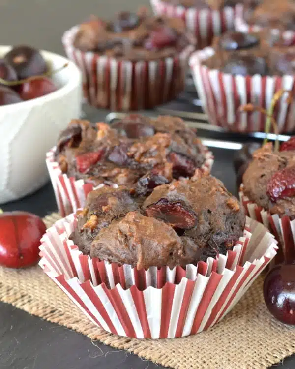 These Chocolate Cherry Banana Bread Muffins are loaded with fresh, plump cherries. They're a perfect way to use up your extra bananas while fresh cherries are in season!