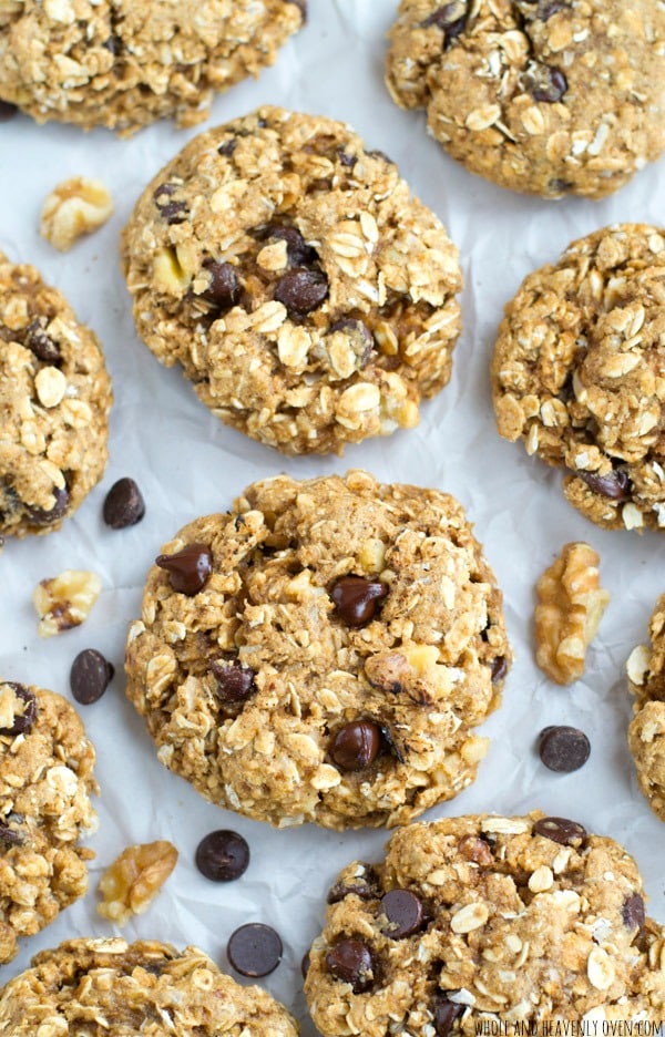Jam-packed with peanut butter, banana, gooey chocolate and lots of other goodies, these loaded, ultra-chewy oatmeal cookies are sure to become a cookie jar staple! @WholeHeavenly