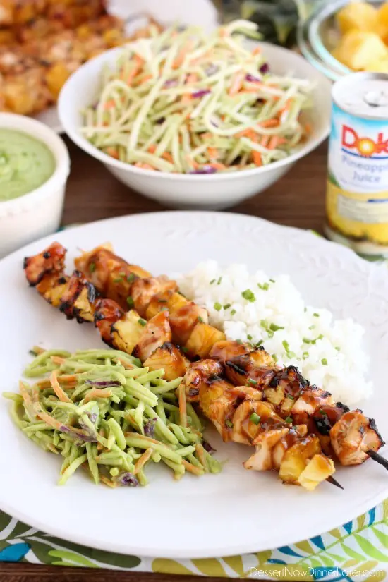 Pineapple Avocado Dressing mixed with broccoli slaw served with grilled Island Chicken Skewers including fresh chunks of DOLE pineapple makes a great summer dinner!