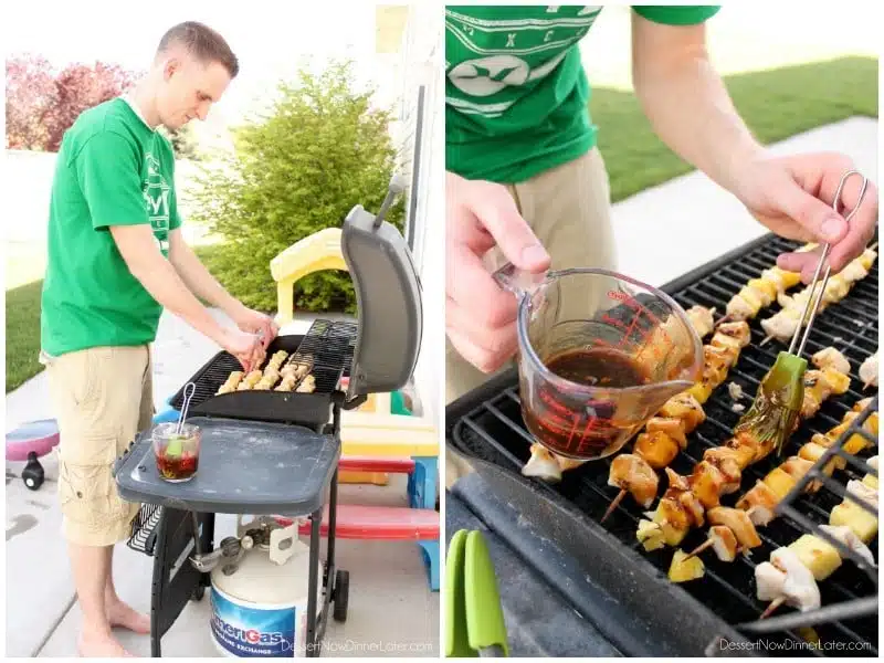 Grilling DOLE Island Chicken Skewers with fresh DOLE Pineapple Chunks.