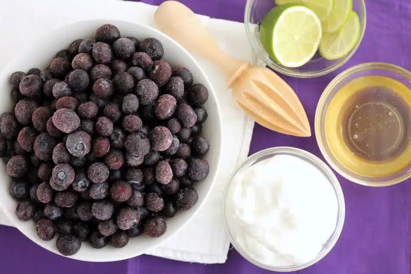 With only 4 ingredients and 5 minutes or less in the food processor (or blender), you can have this healthy Instant Blueberry Frozen Yogurt!