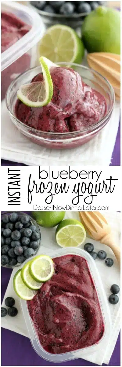 With only 4 ingredients and 5 minutes or less in the food processor (or blender), you can have this healthy Instant Blueberry Frozen Yogurt!