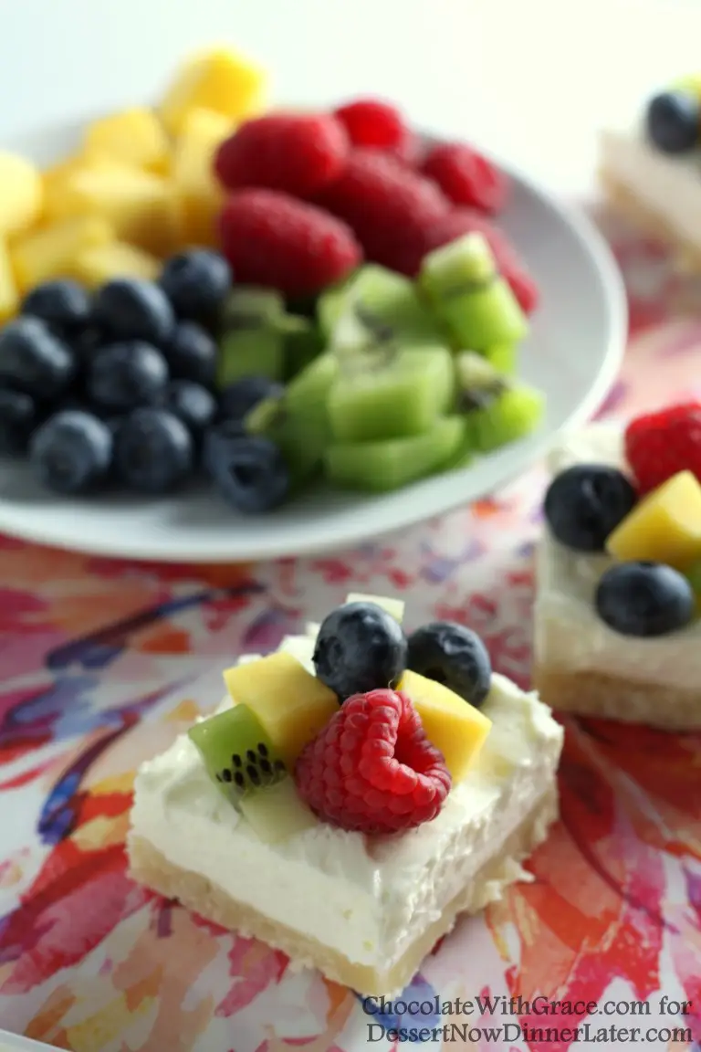 These Fruit Cheesecake Bars have a tender shortbread crust that is topped with a creamy no-bake cheesecake layer that's piled high with fresh fruit.