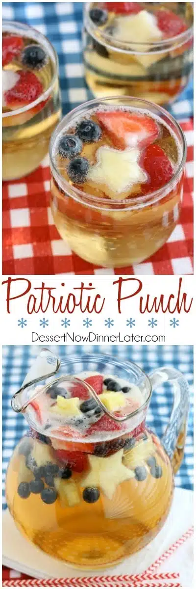 This Patriotic Punch is a fizzy drink made easy with only two ingredients and decorated with fruit for a red, white, and blue, party punch the whole family can enjoy!