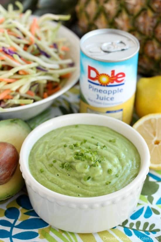 This Pineapple Avocado Dressing is made with DOLE pineapple juice, fresh herbs, and a ripe avocado, for a creamy dressing great on kale or broccoli slaw!