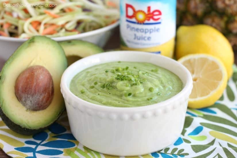 This Pineapple Avocado Dressing is made with DOLE pineapple juice, fresh herbs, and a ripe avocado, for a creamy dressing great on kale or broccoli slaw!