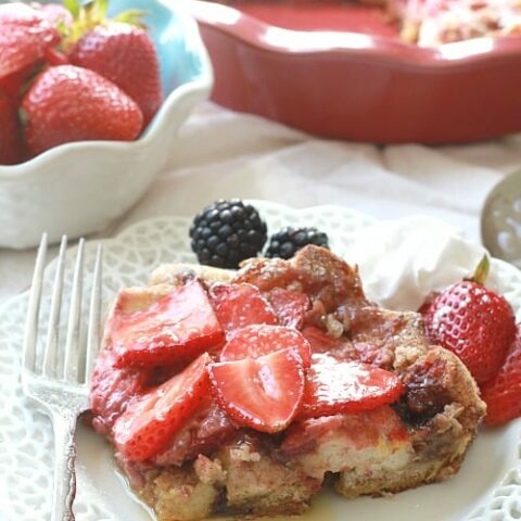 Strawberry Cream Cheese French Toast Bake Casserole makes a delicious & easy breakfast or brunch