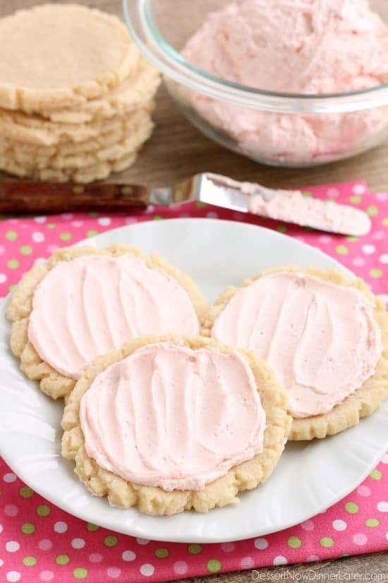 The ingredients list might surprise you with these scoop, press, and bake rustic-looking sugar cookies.  With a soft, sweet, melt-in-your-mouth cookie base, topped with a smooth and dreamy buttercream frosting -- these really are the BEST sugar cookies you will make at home!