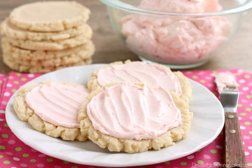 The ingredients list might surprise you with these scoop, press, and bake rustic-looking sugar cookies.  With a soft, sweet, melt-in-your-mouth cookie base, topped with a smooth and dreamy buttercream frosting -- these really are the BEST sugar cookies you will make at home!