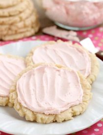 The ingredients list might surprise you with these scoop, press, and bake rustic-looking sugar cookies. With a soft, sweet, melt-in-your-mouth cookie base, topped with a smooth and dreamy buttercream frosting -- these really are the BEST sugar cookies you will make at home!