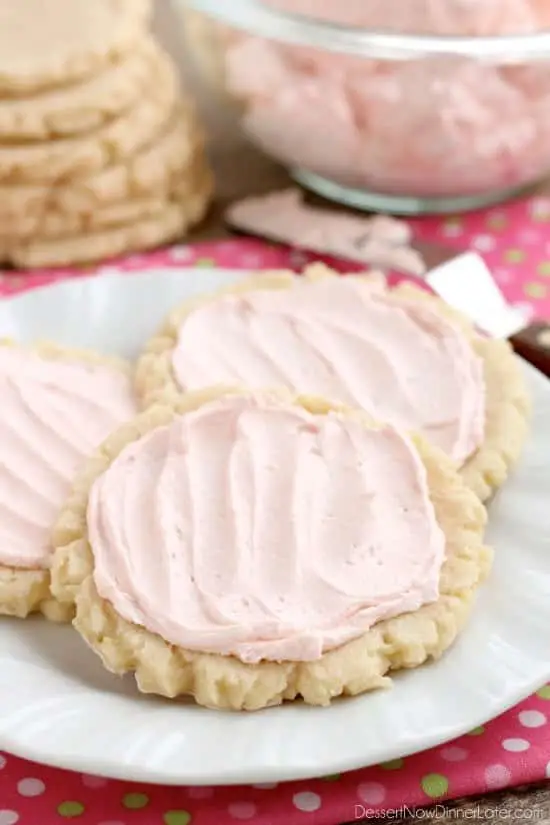 The ingredients list might surprise you with these scoop, press, and bake rustic-looking sugar cookies.  With a soft, sweet, melt-in-your-mouth cookie base, topped with a smooth and dreamy buttercream frosting -- these really are the BEST sugar cookies you will make at home!