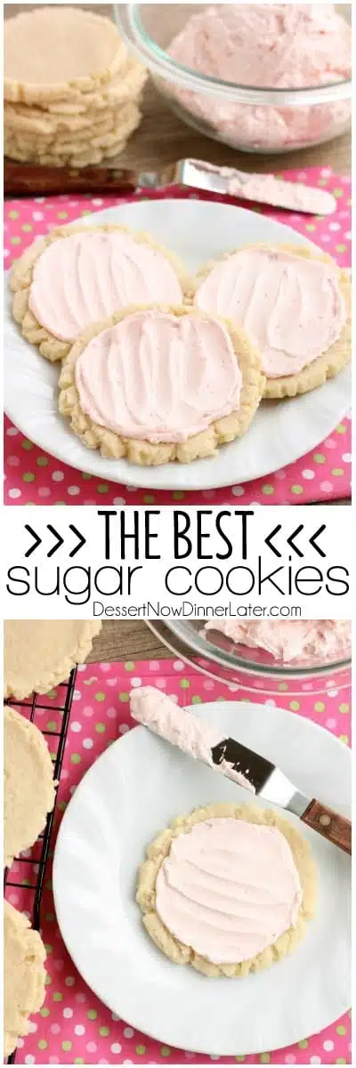 The ingredients list might surprise you with these scoop, press, and bake rustic-looking sugar cookies. With a soft, sweet, melt-in-your-mouth cookie base, topped with a smooth and dreamy buttercream frosting -- these really are the BEST sugar cookies you will make at home!