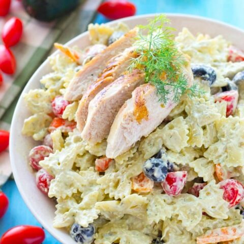 Dilled Avocado Ranch Pasta Salad with Grilled Chicken