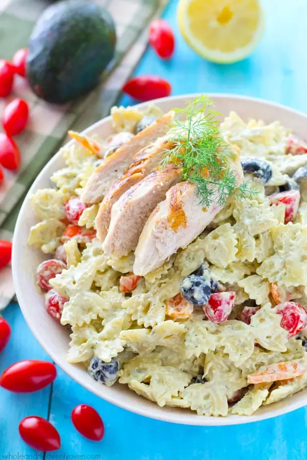 This creamy pasta salad is jam-packed with juicy grilled chicken, a rainbow of colorful veggies, and a light, flavorful homemade avocado ranch dressing. Bring this salad to any picnic and watch it vanish!