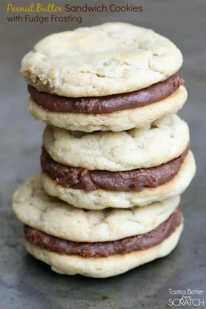 Chewy Peanut Butter Cookies are sandwiched between a simple Fudge Frosting to create an ultimate peanut butter chocolate cookie worth devouring!